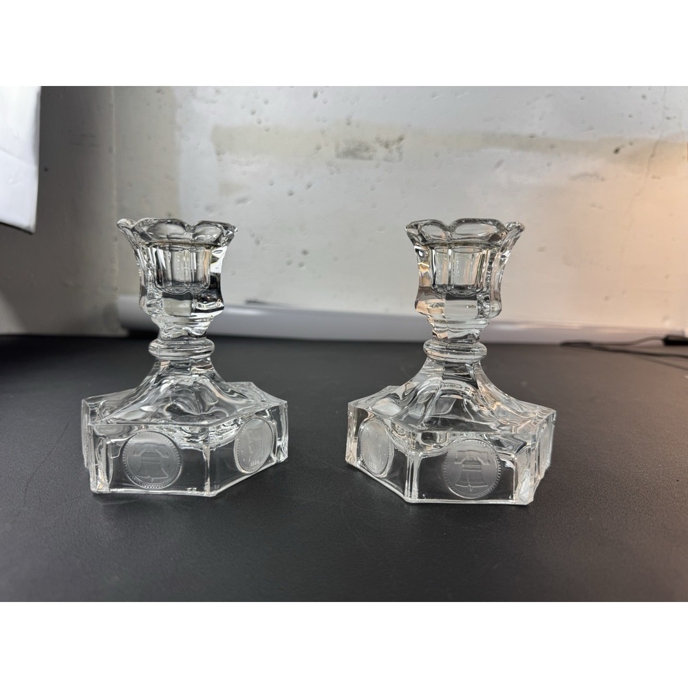 Vintage Fostoria Coin Dot Liberty Bell Candlesticks‎ MCM Shabbyshic